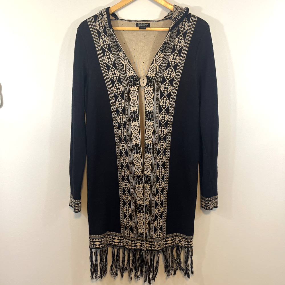 Lucky Brand Hooded Long Line Cardigan Medium Black Southwestern Boho‎